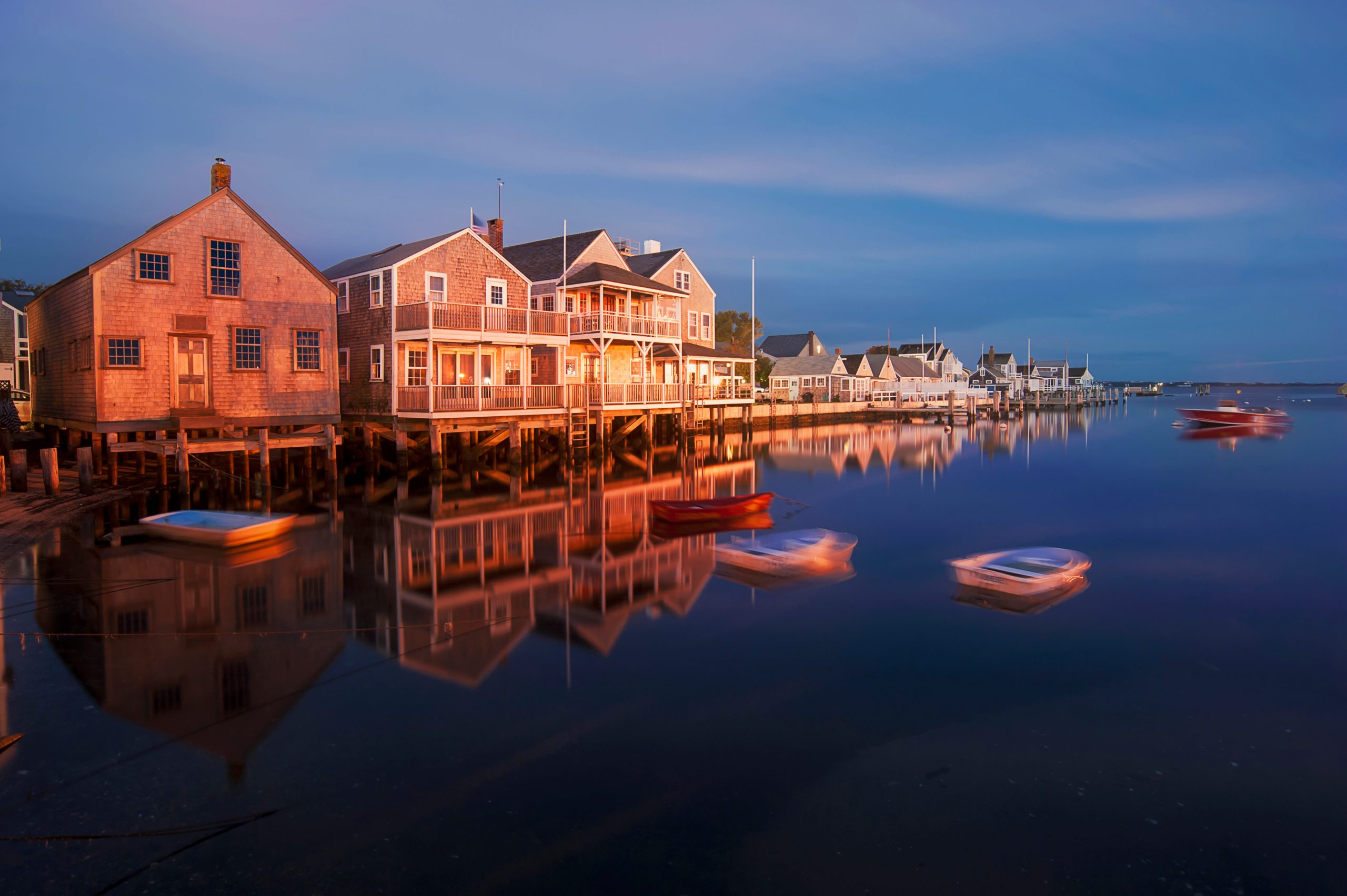 Harbor Houses in quiet and calm Sunset in Nantucket Island