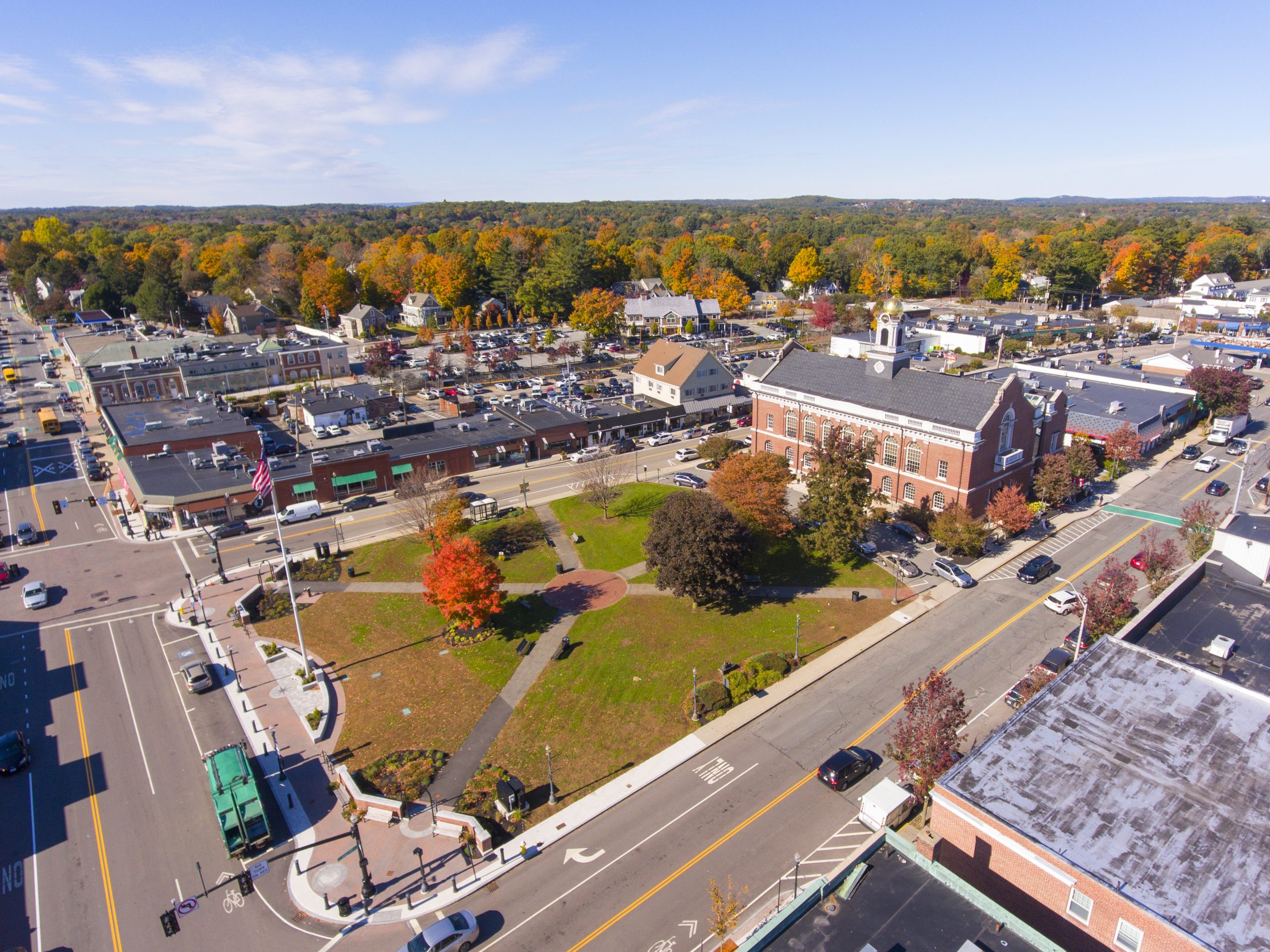 Town Hall and Historic building aerial view in Needham, Massachusetts, USA.