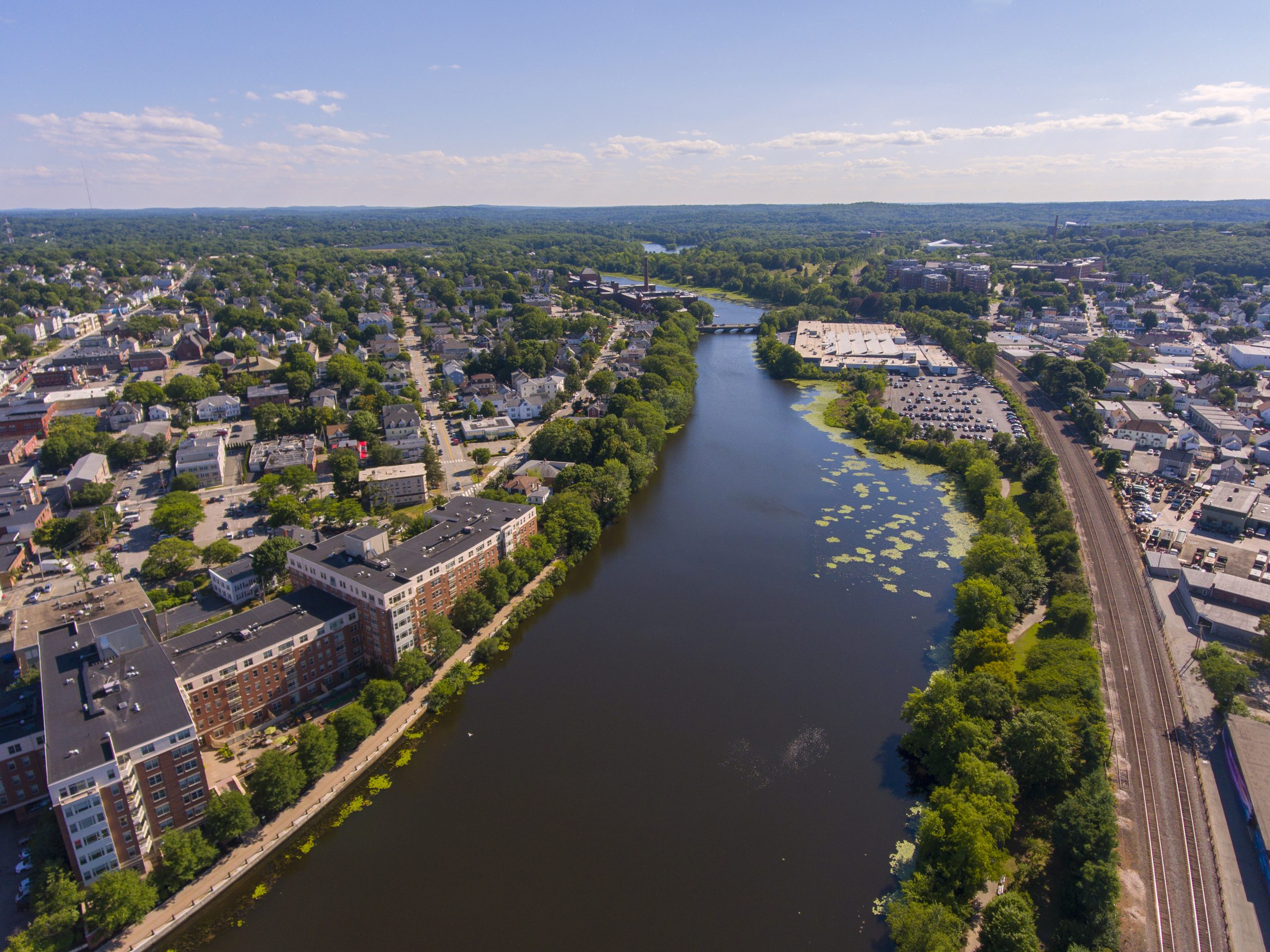 Charles River aerial view in downtown Waltham, Massachusetts, MA, USA.