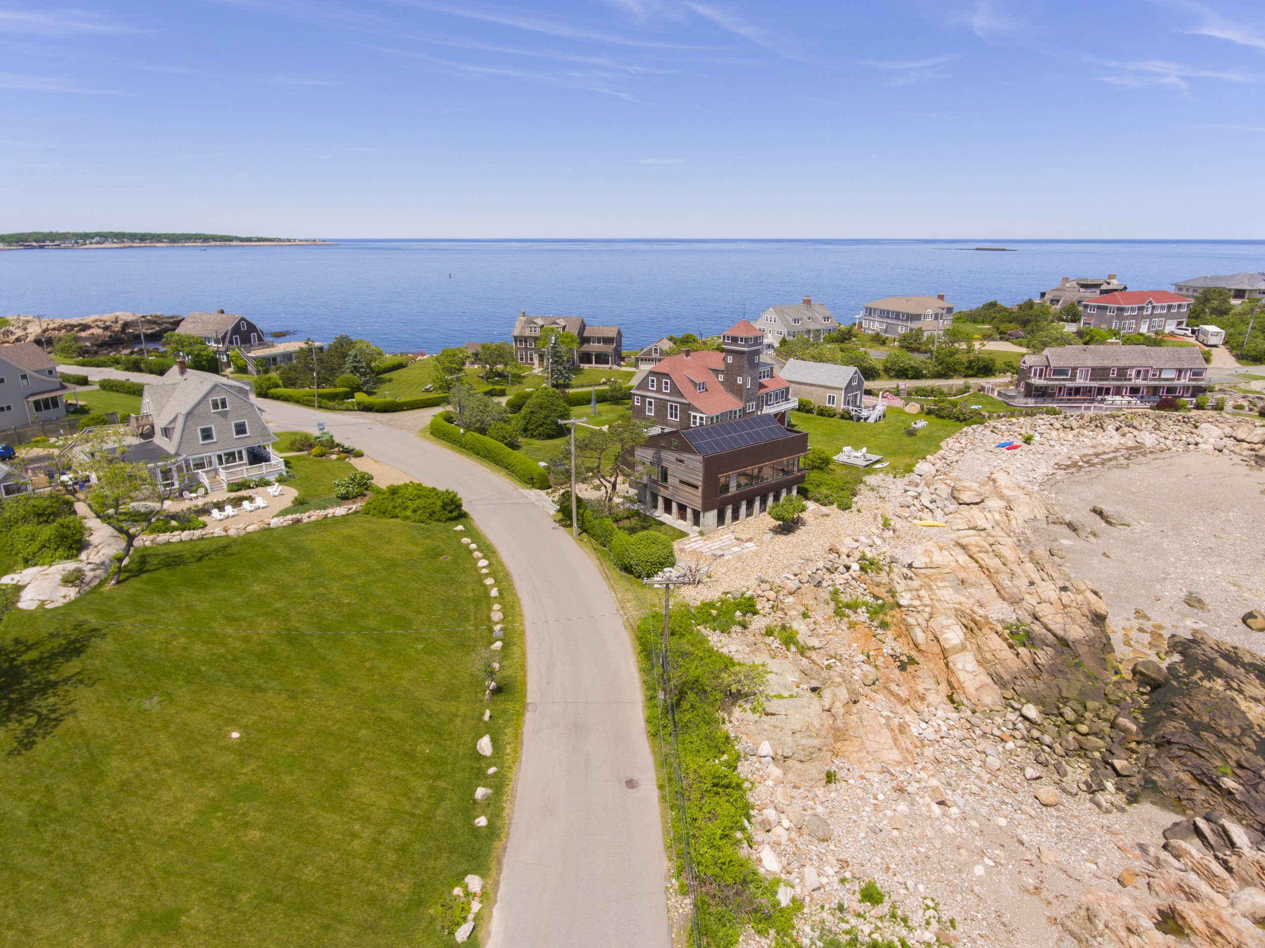 Historic US life saving station aerial view at Straitsmouth Cove Landing in town of Rockport, Cape Ann, Massachusetts MA, USA.