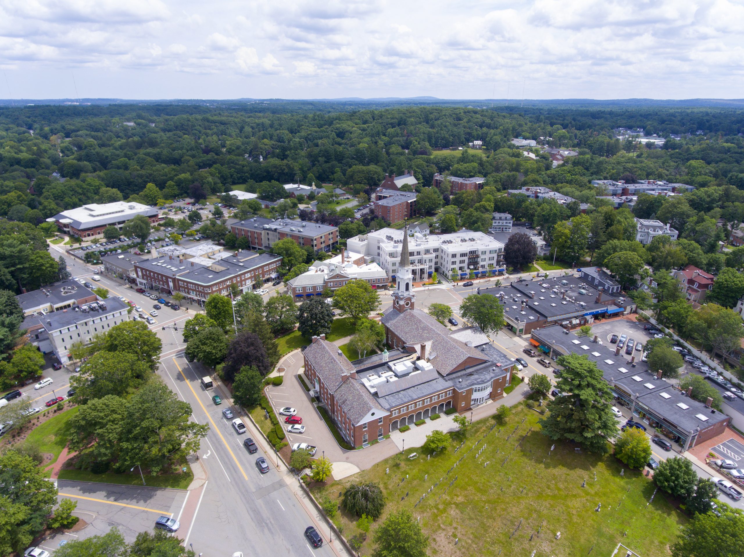 Aerial view of Wellesley Congregational Church and town center, Wellesley, Massachusetts MA, USA.