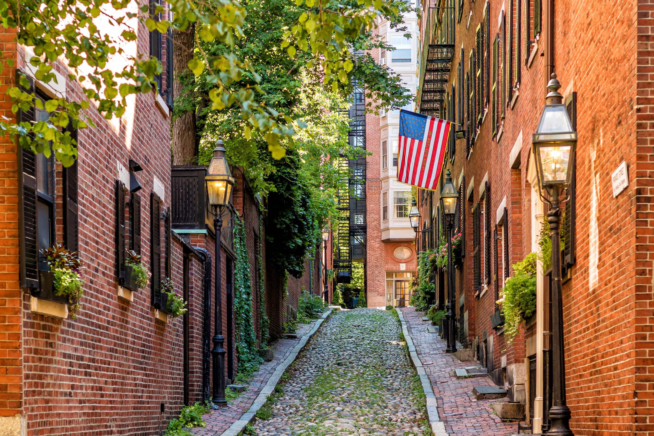 View of historic Acorn Street in Boston MA USA