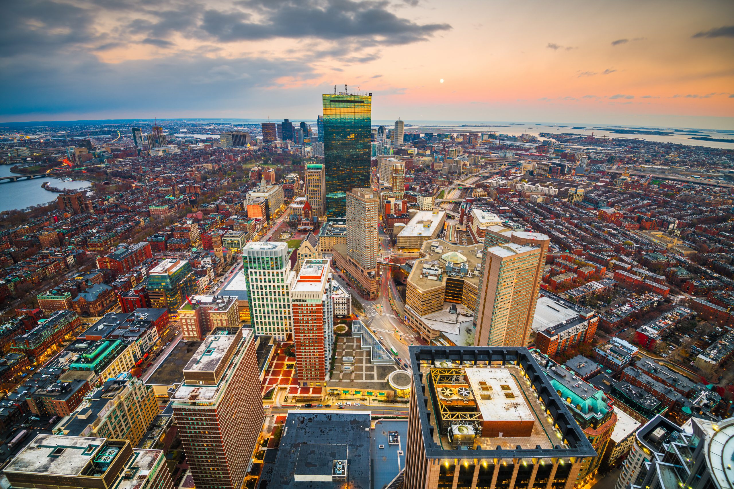 Boston, Massachusetts, USA downtown skyline at dusk.